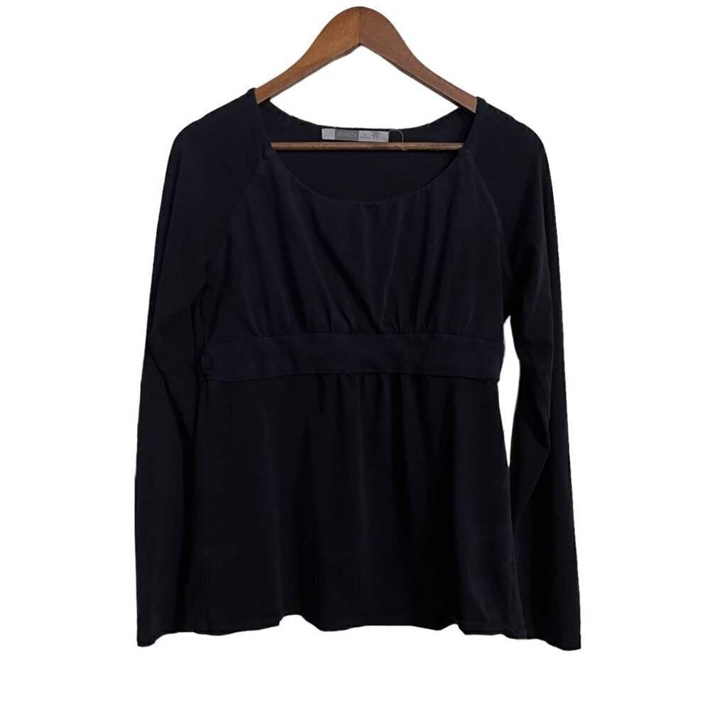 Athleta Womens Black Long Sleeve Cinched Waist Round Neck Active Shirt Medium
